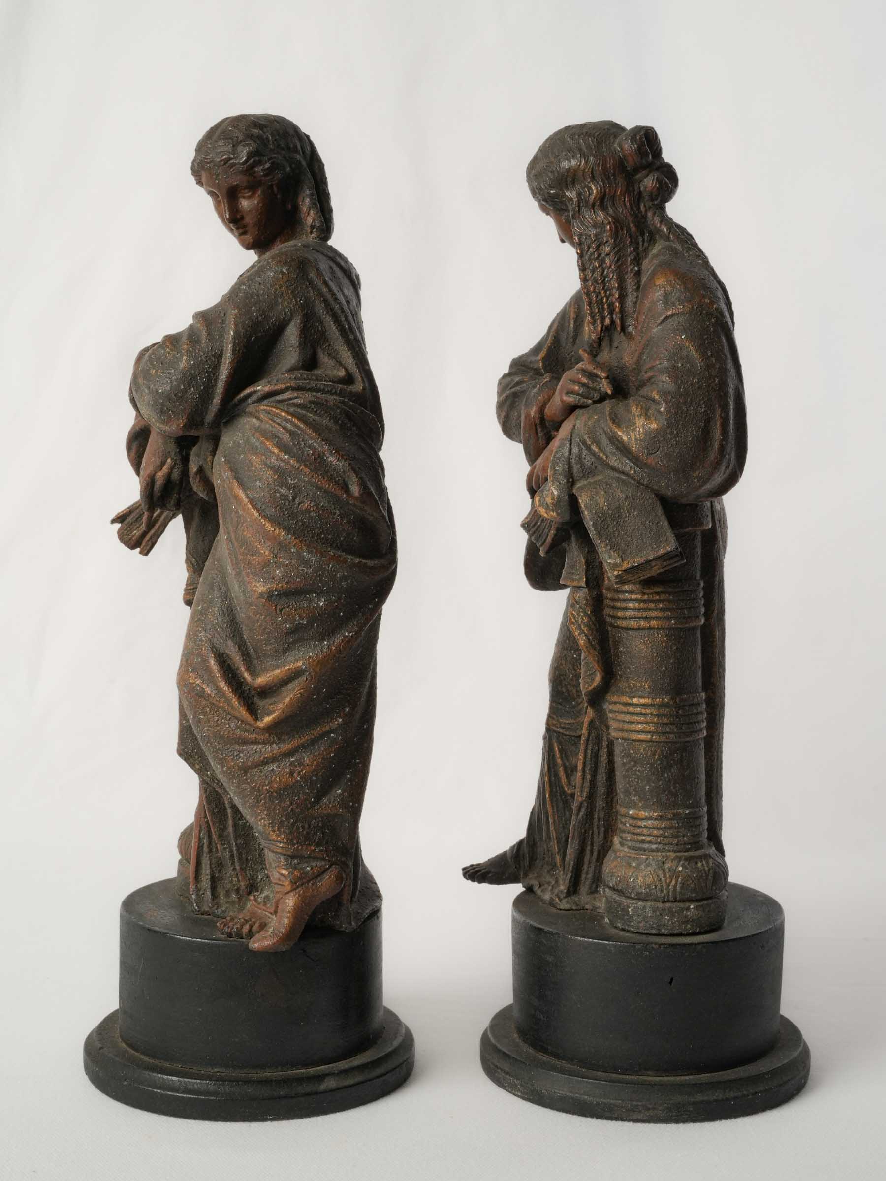 Pair of 19th-Century French Neoclassical Patinated Metal Figures of the Muses - 15¾"