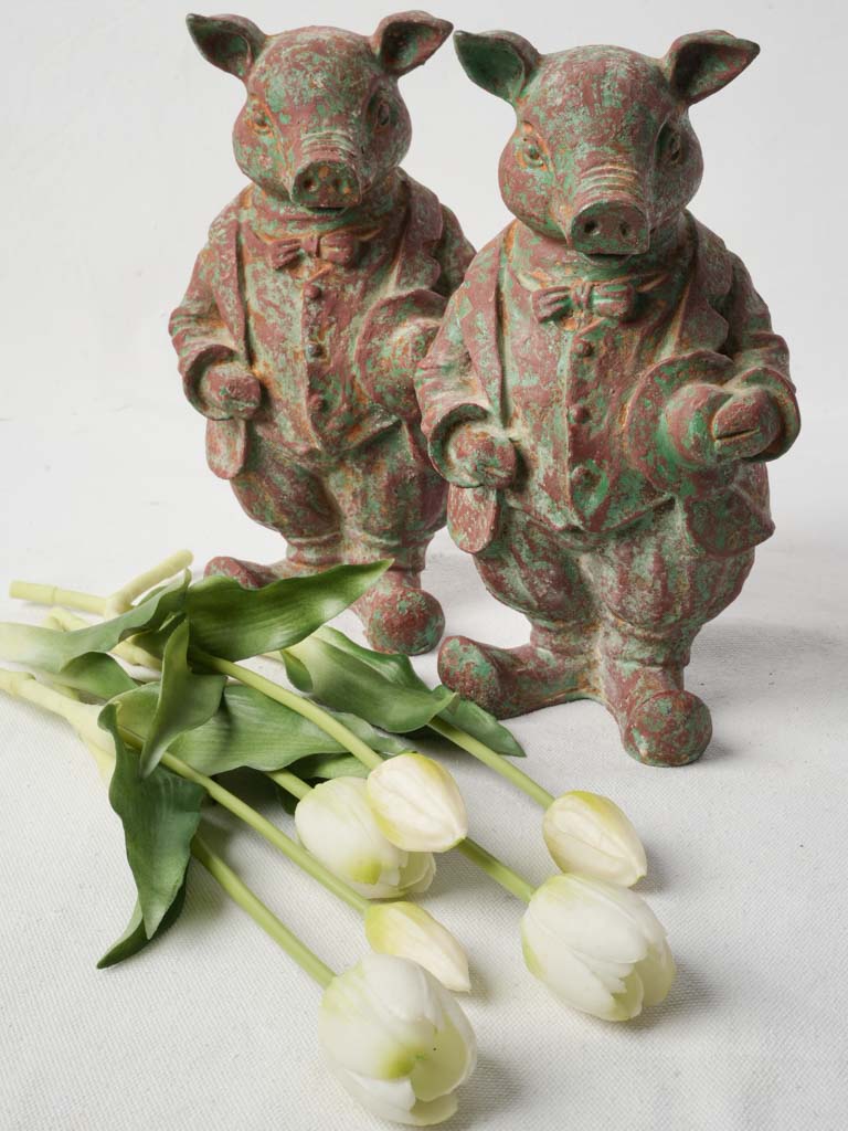 Pair of Cast Iron Dressed Pig Figurines - 10¼"