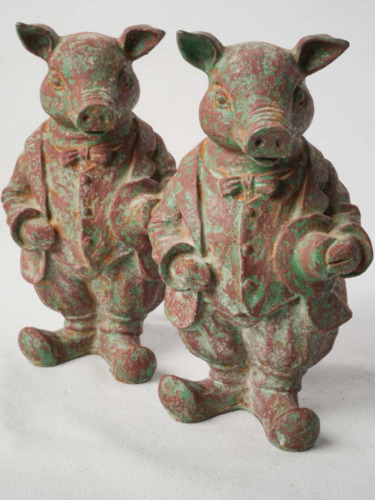 Pair of Cast Iron Dressed Pig Figurines - 10¼"
