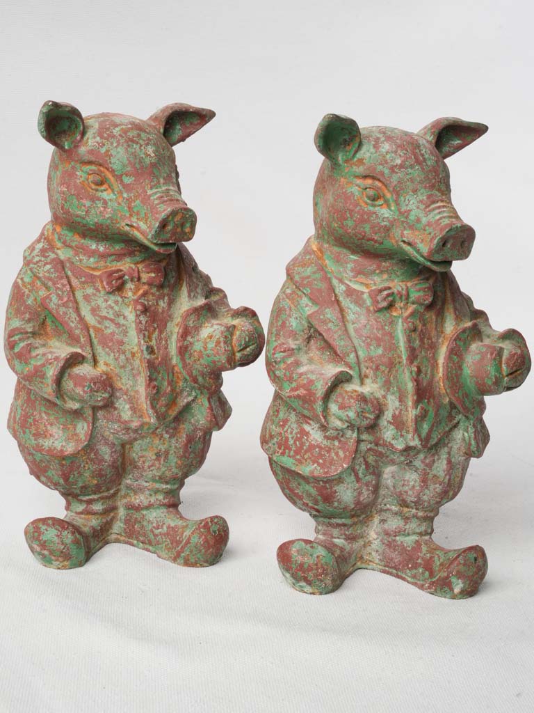 Pair of Cast Iron Dressed Pig Figurines - 10¼"