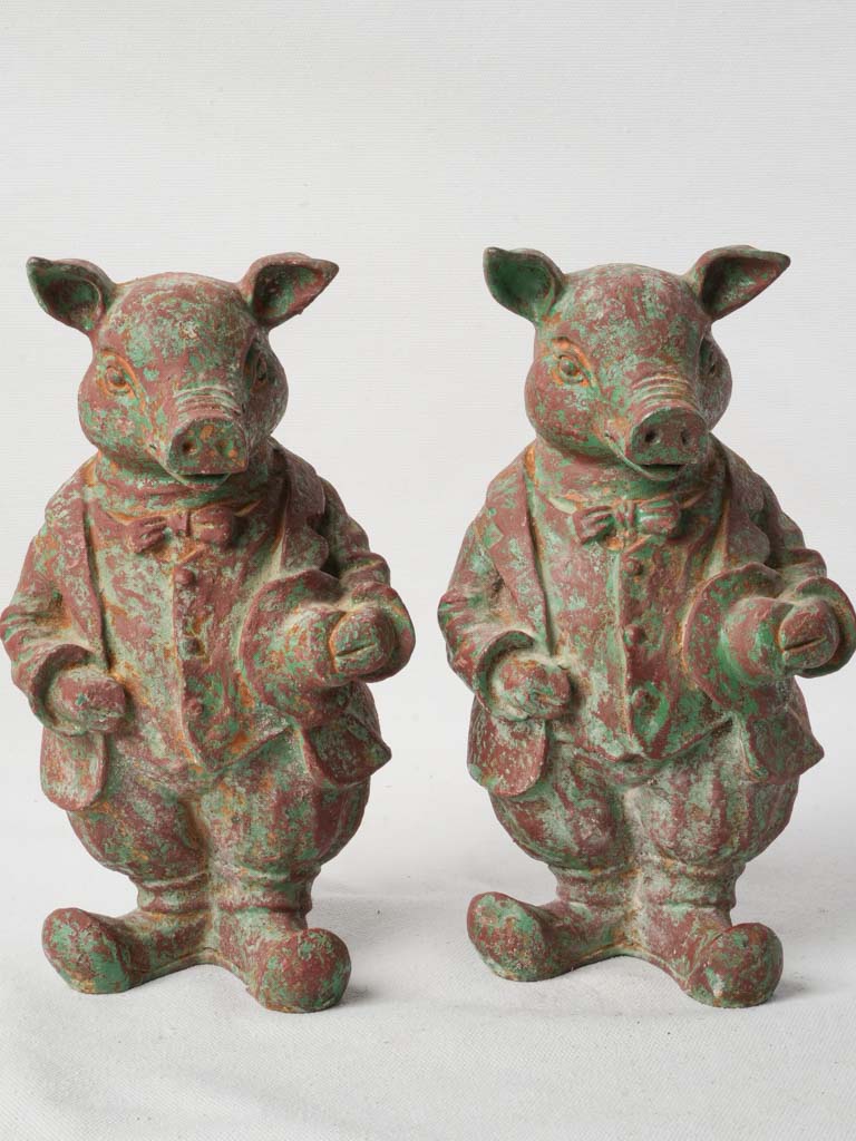 Pair of Cast Iron Dressed Pig Figurines - 10¼"