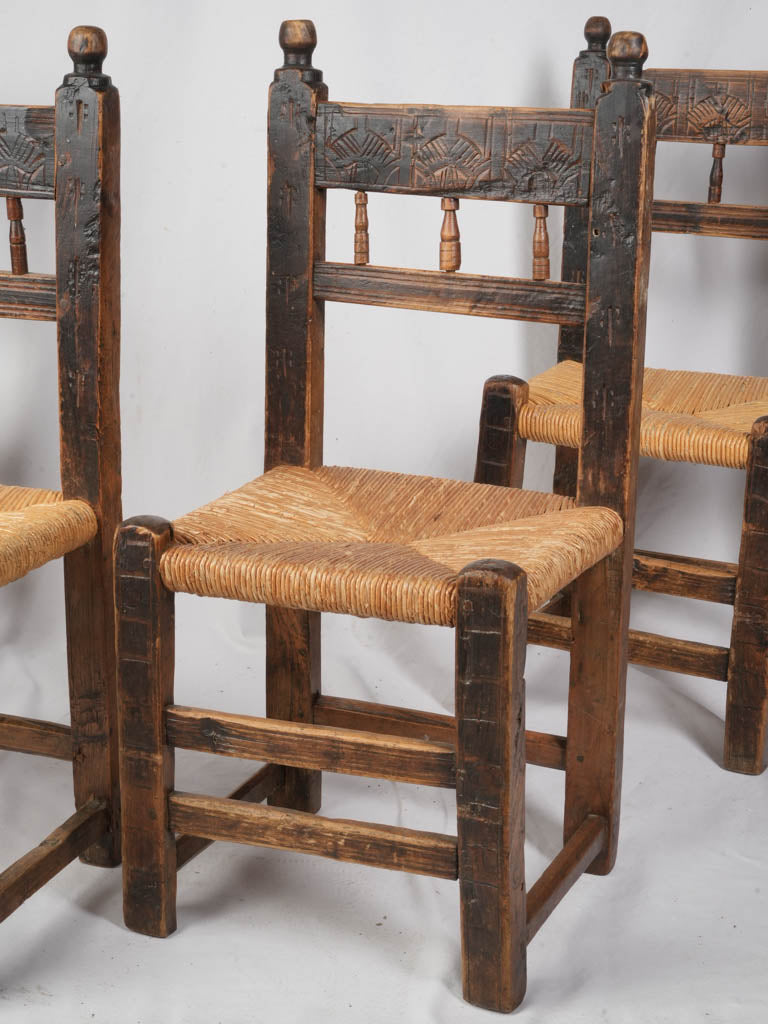 Vintage, aged, patinaed rush-seat chairs