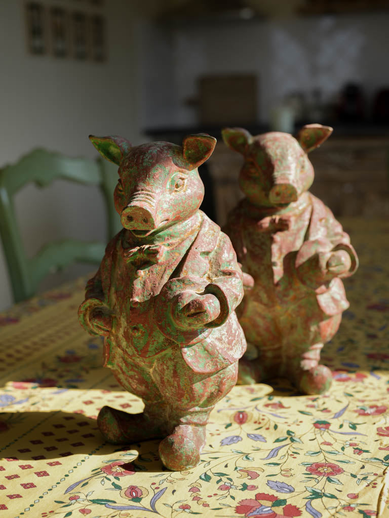 Pair of Cast Iron Dressed Pig Figurines - 10¼"