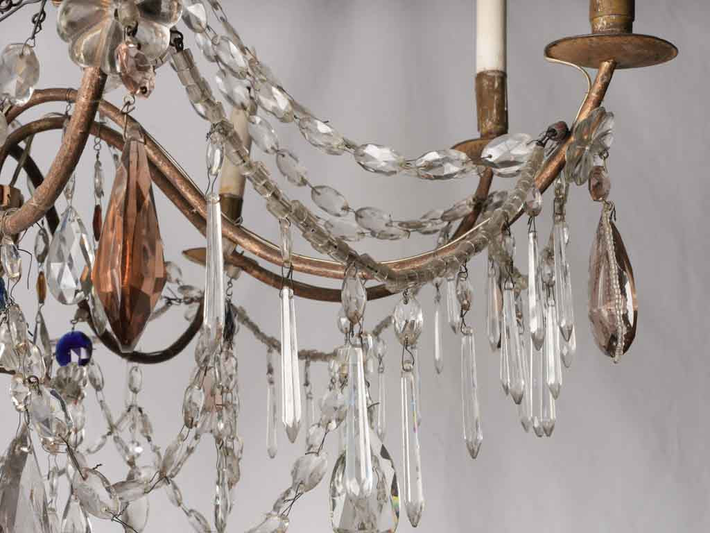 Two exceptional large antique Italian chandeliers w/ clear blue & amber pendants