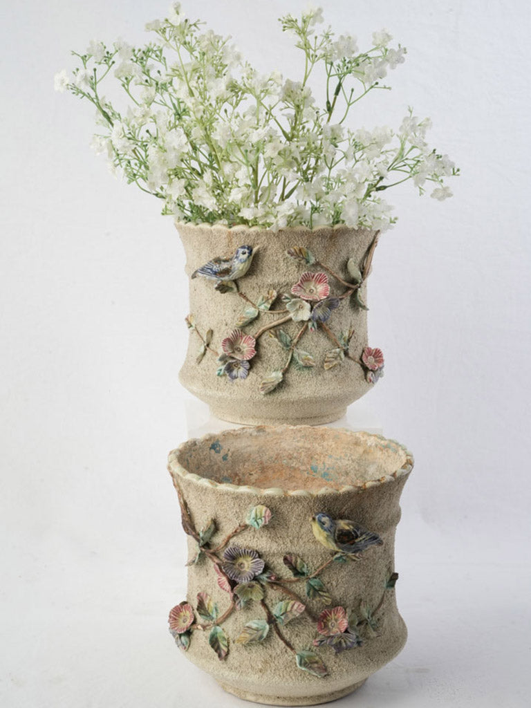 Pair of Early 20th Century French Majolica-Style Cachepots Planters w/ Floral and Bird Relief - 8¾"