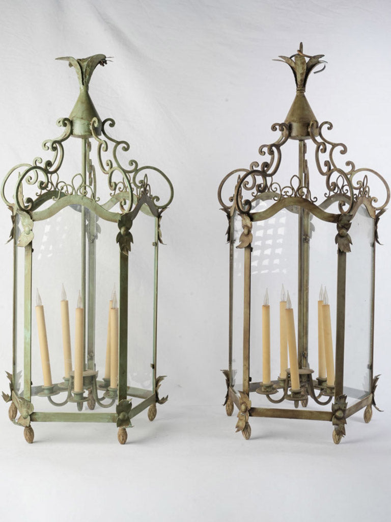 Sculptural Pair of Vintage Wrought Iron Lanterns in Sage Green - 44" x 20½"