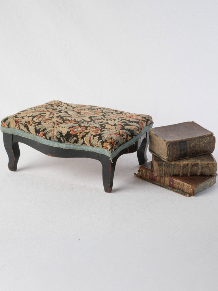 French Footstool w/ Floral Needlepoint and Black Painted Base c. 1900