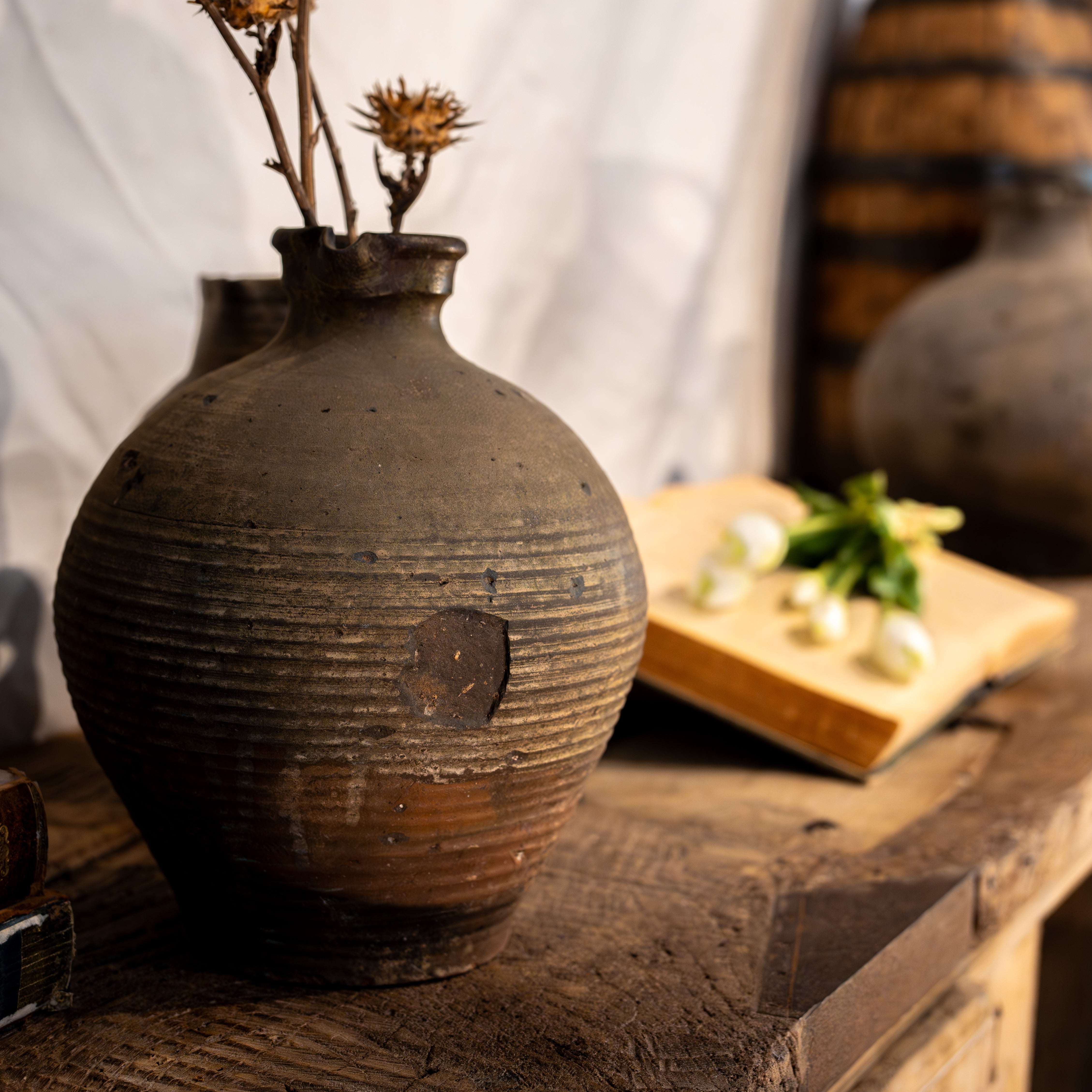 Ribbed bulbous terracotta 19th-century antique vase