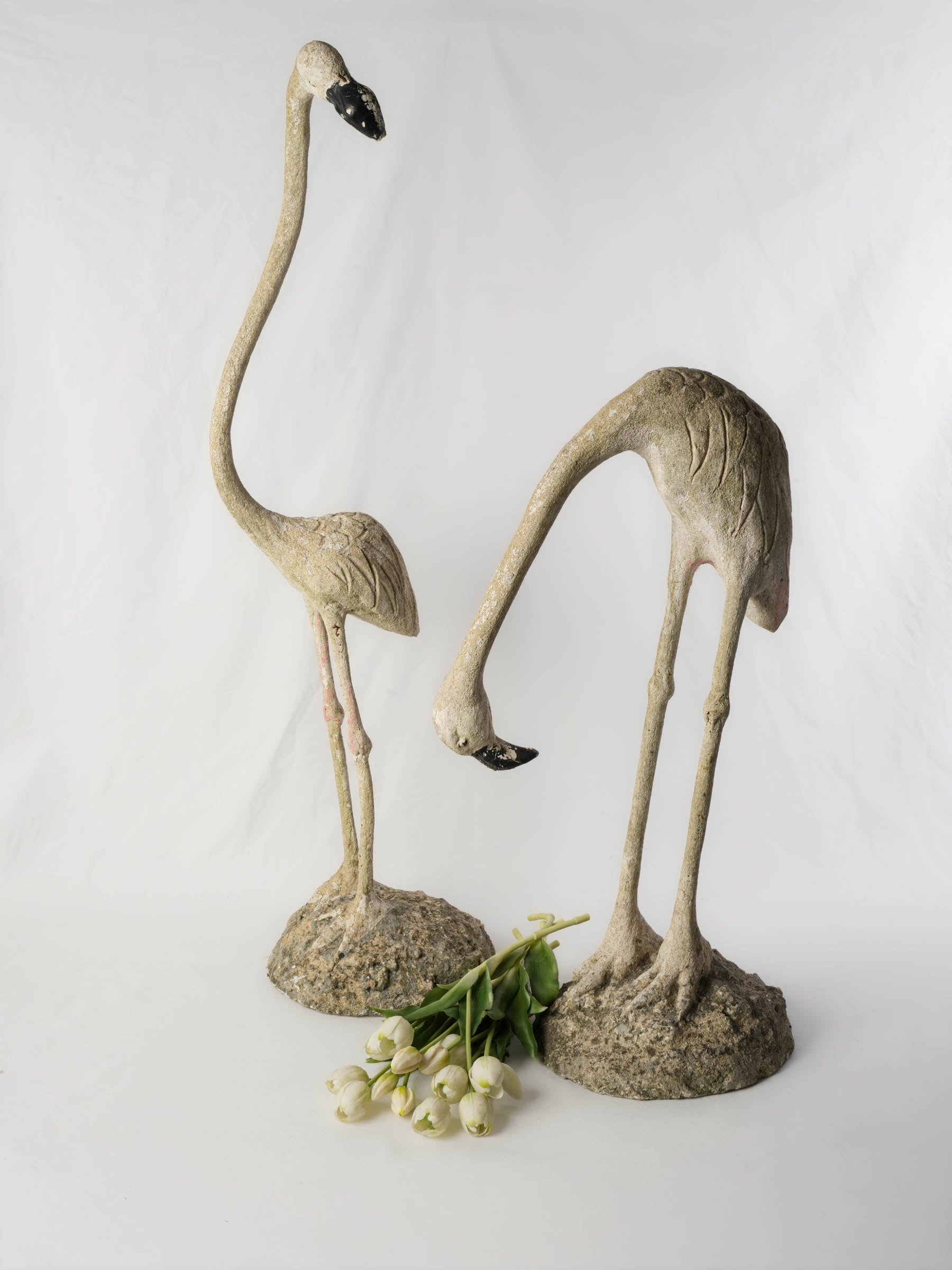 Pair of Tall Mid-Century French Concrete Flamingo Garden Statues
