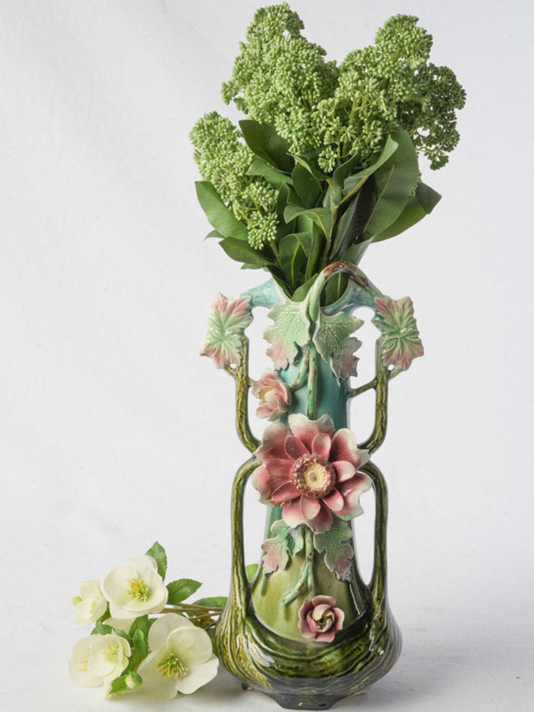 Sculptural floral-decorated majolica vase