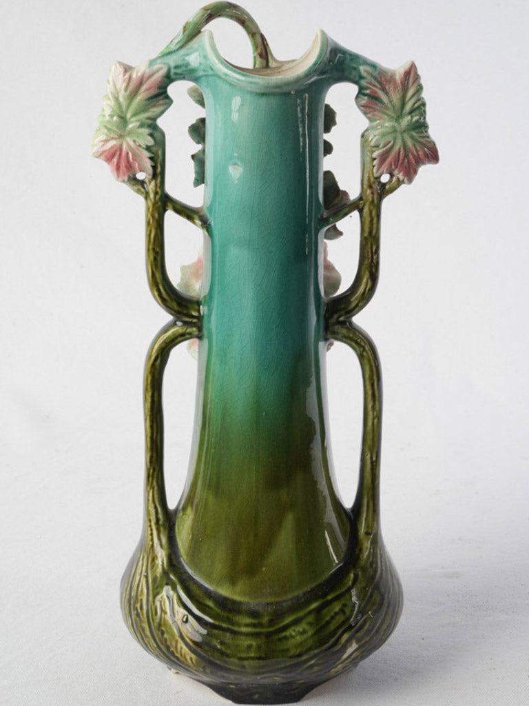 Tall organic form majolica vase