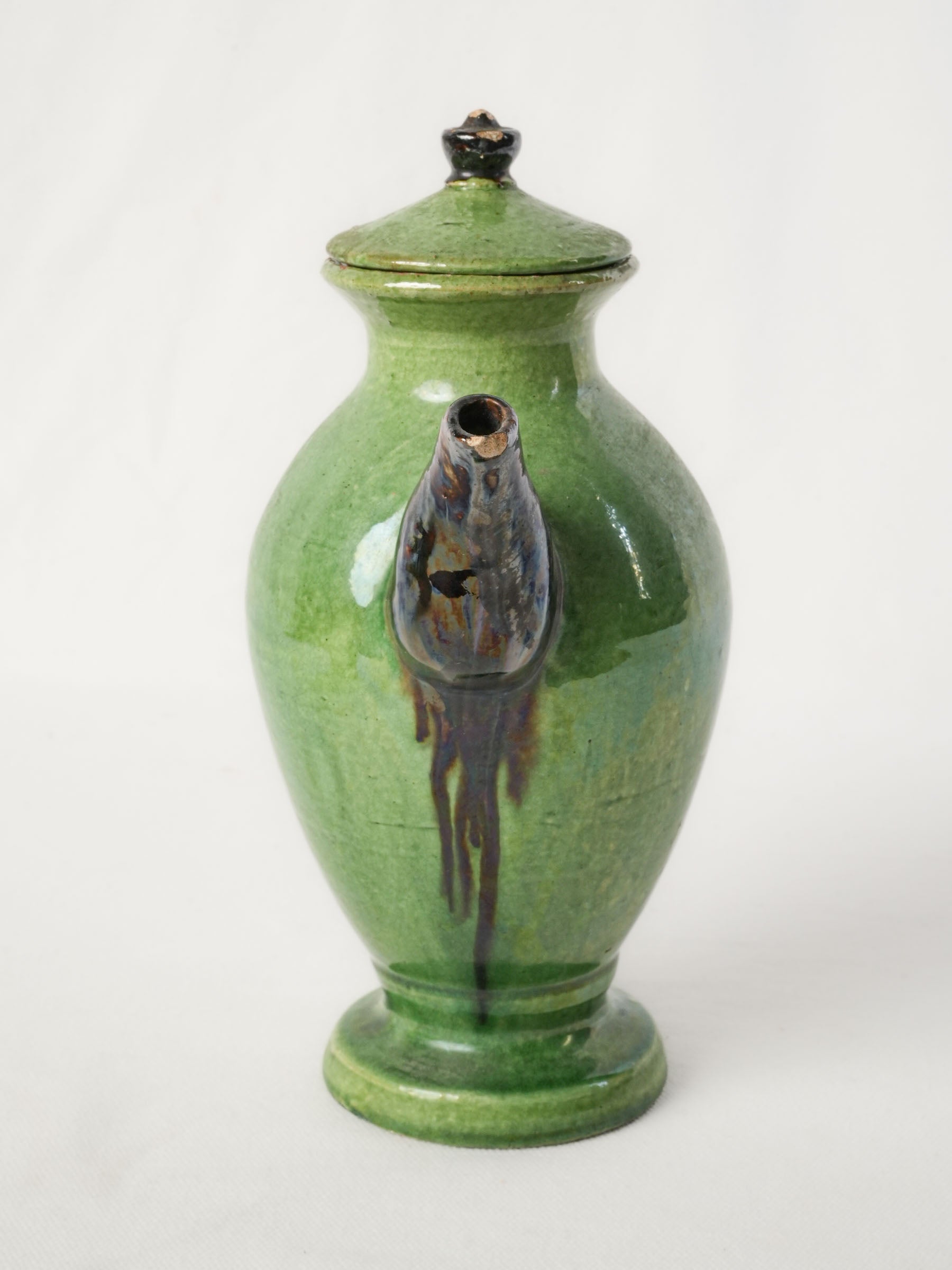 Antique French Green-Glazed Earthenware Coffee Pot, early 20th Century - 10¼"
