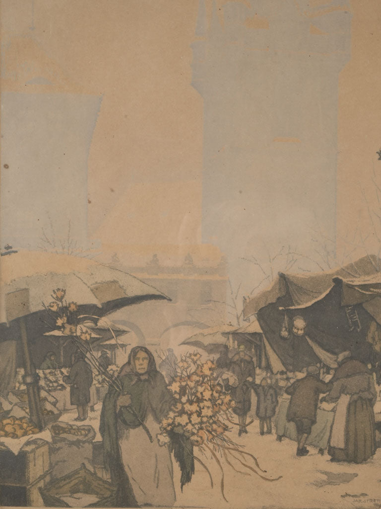 Romantic aquatint city marketplace