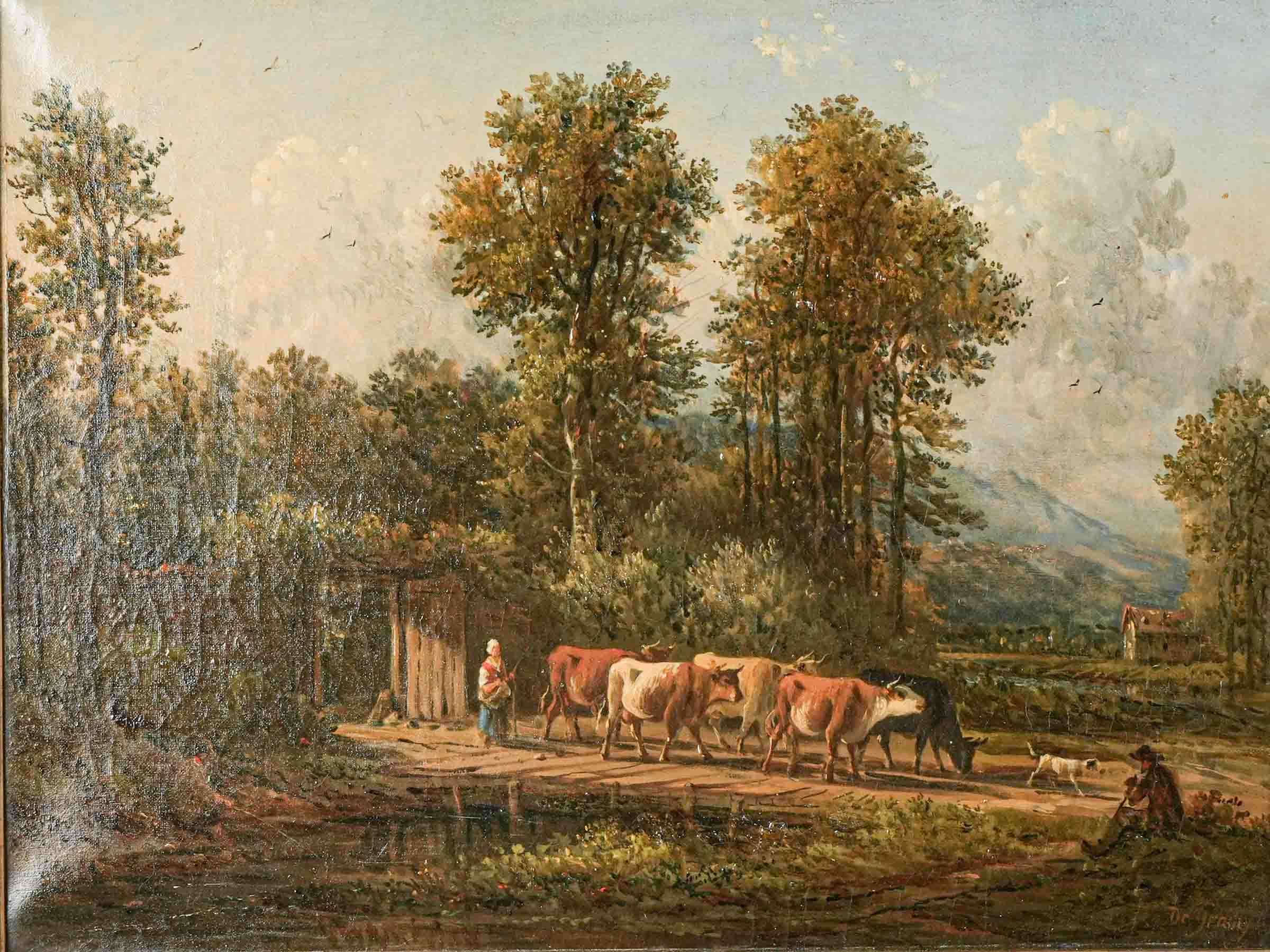 Large Pastoral Landscape, Oil on Canvas signed De Grailly, 19th Century - 31½" x 35½"