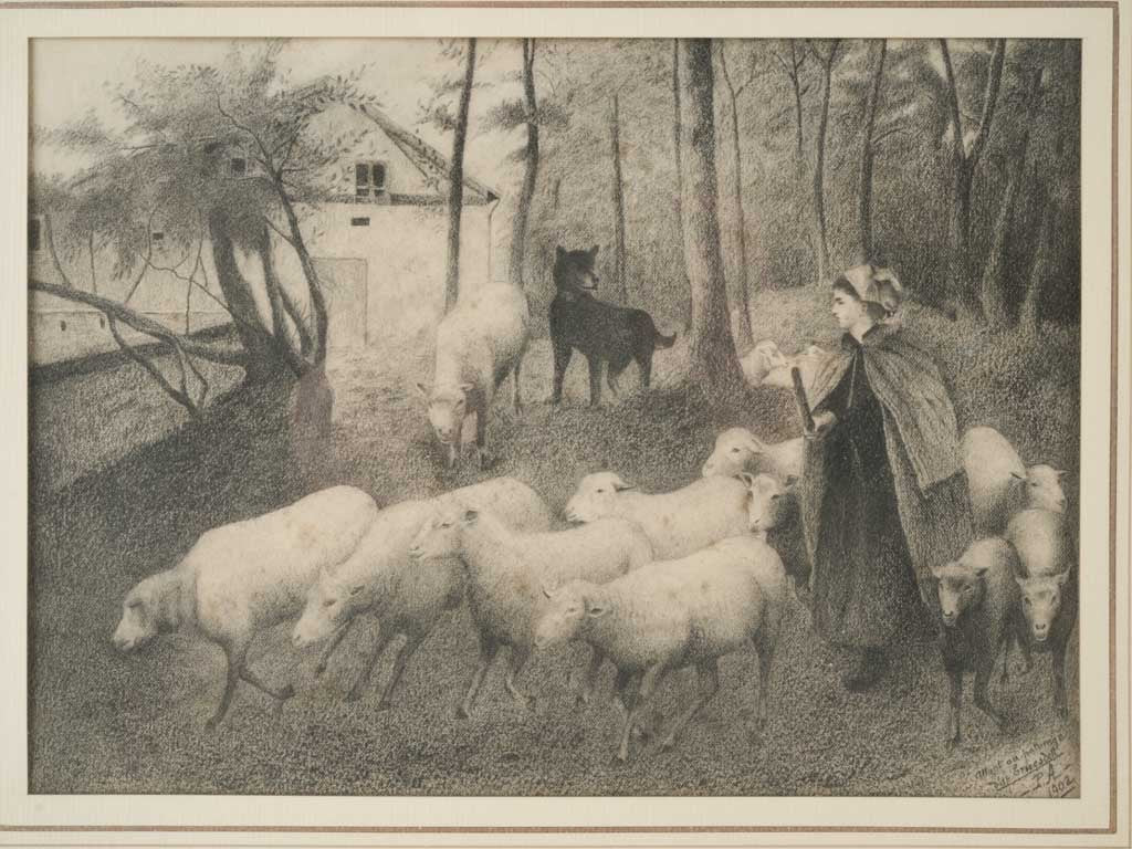 Charming vintage framed artwork in ink