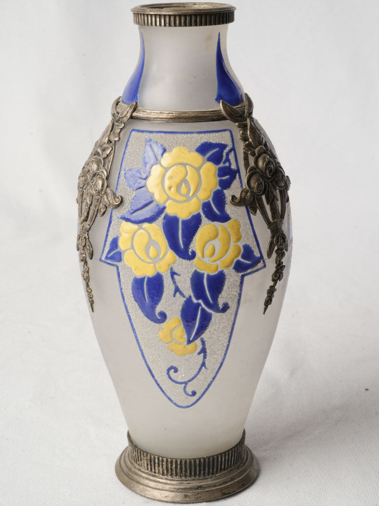 French Art Deco Frosted Glass Vase w/ Silvered-Metal Appliqués By D’Argyl Paris c.1925–1935 - 10¾"