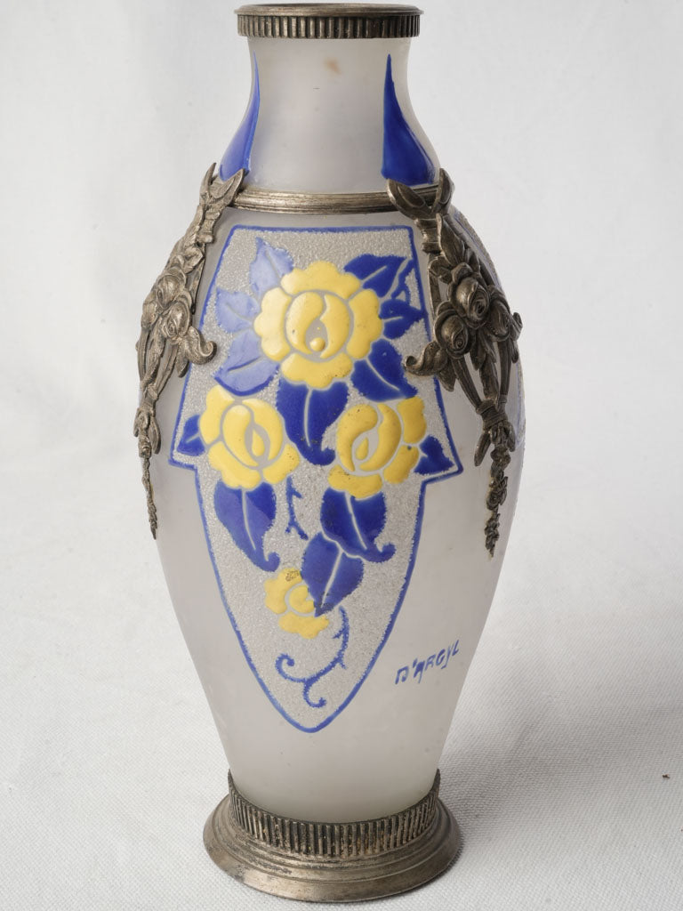 French Art Deco Frosted Glass Vase w/ Silvered-Metal Appliqués By D’Argyl Paris c.1925–1935 - 10¾"
