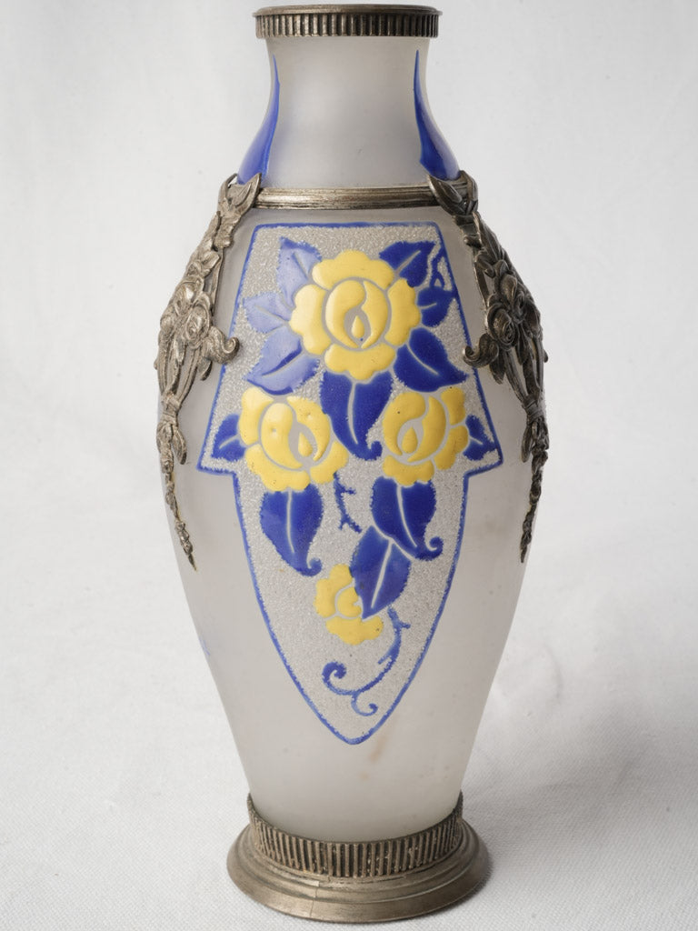 French Art Deco Frosted Glass Vase w/ Silvered-Metal Appliqués By D’Argyl Paris c.1925–1935 - 10¾"