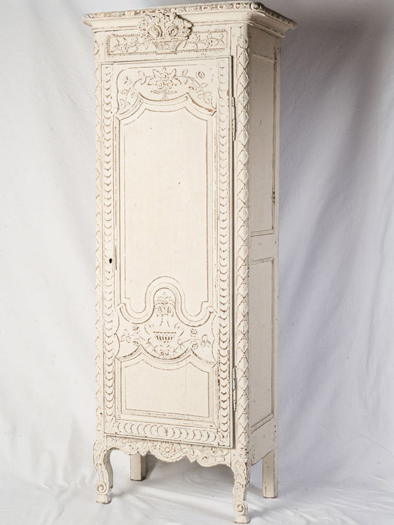 Romantic Early 20th Century French Carved Armoire w/ Soft White Patina - 74½"