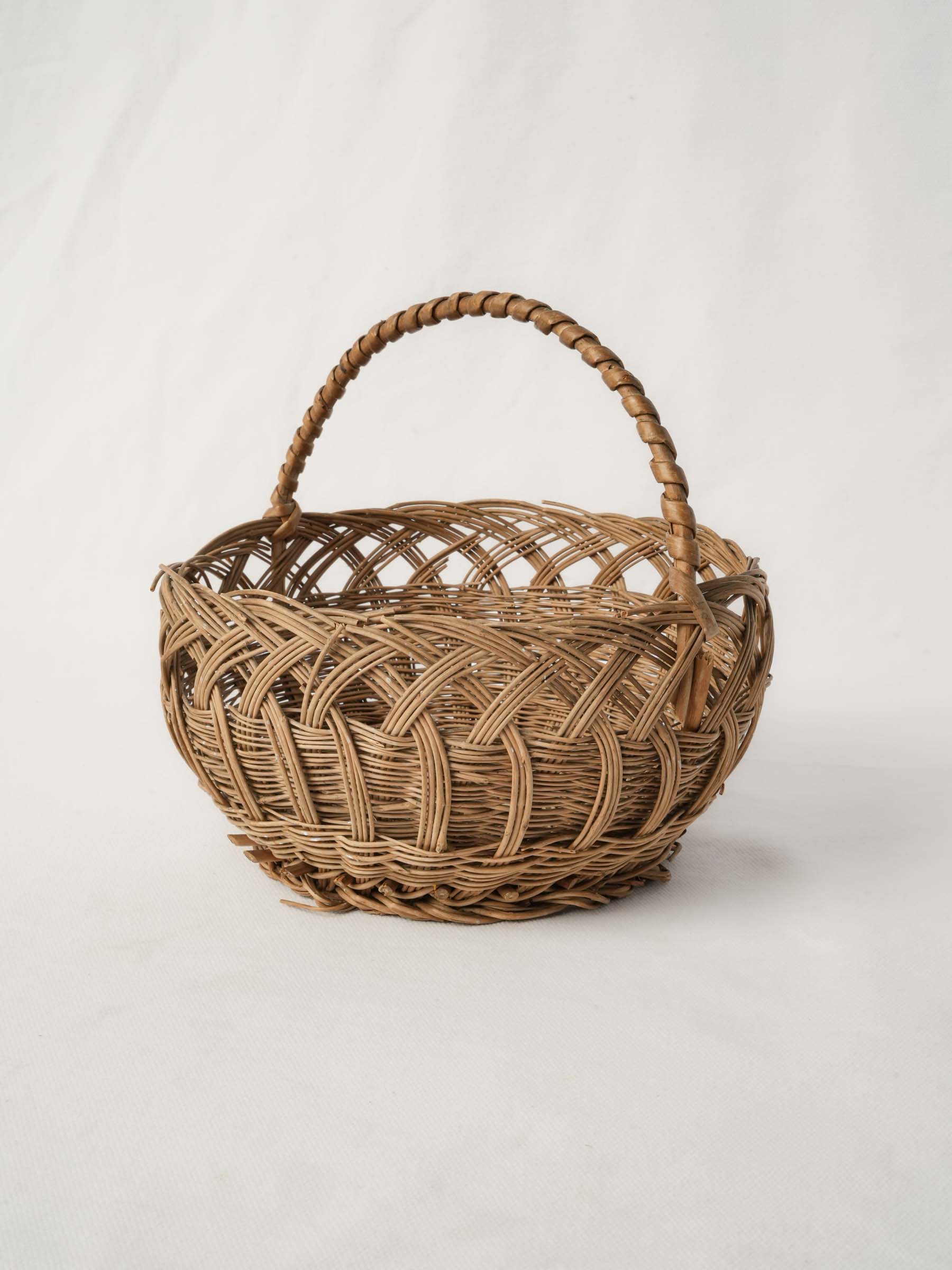 Round Vintage French Wicker Bread Basket w/ Overarching Handle