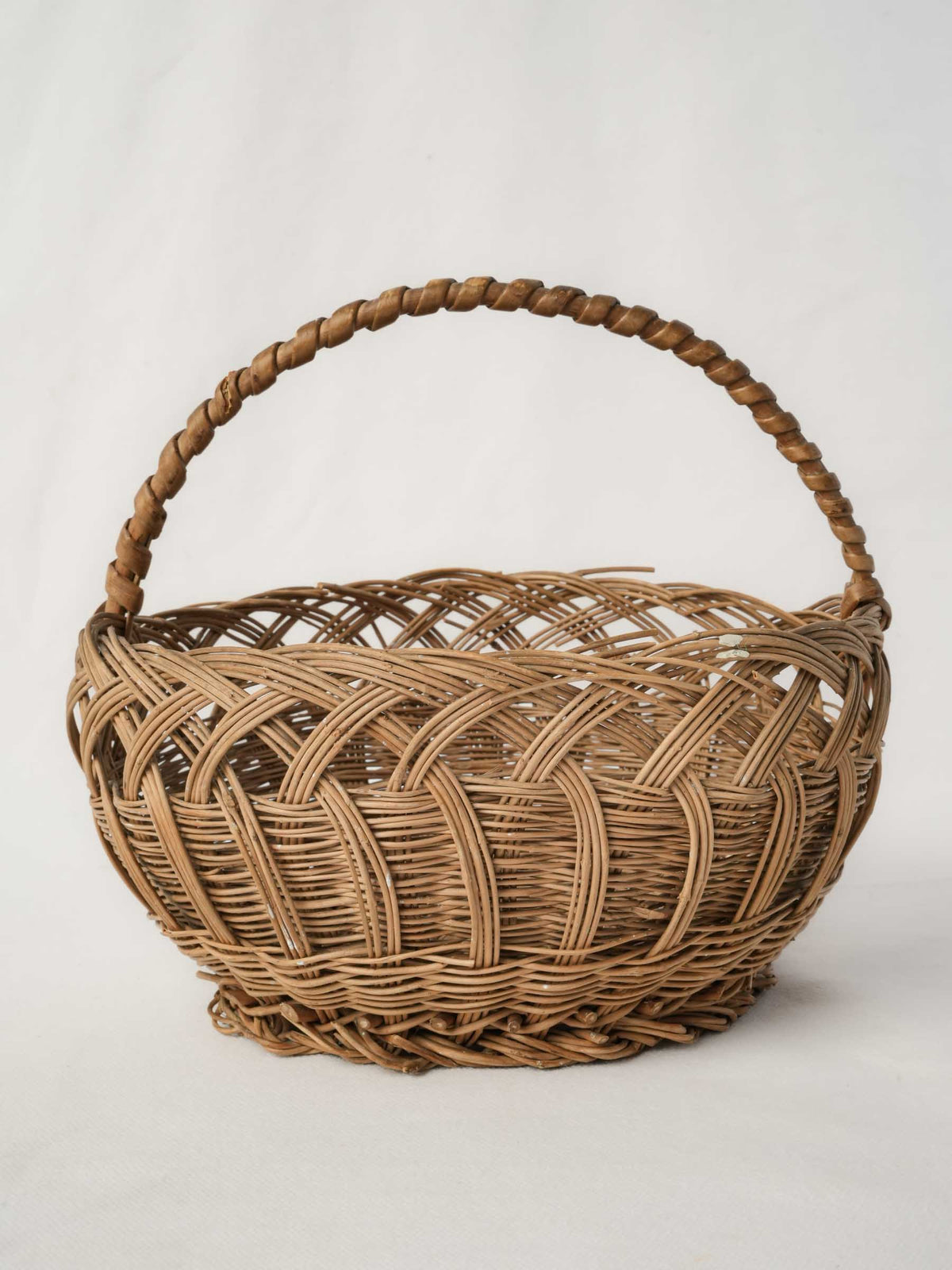 Round Vintage French Wicker Bread Basket w/ Overarching Handle
