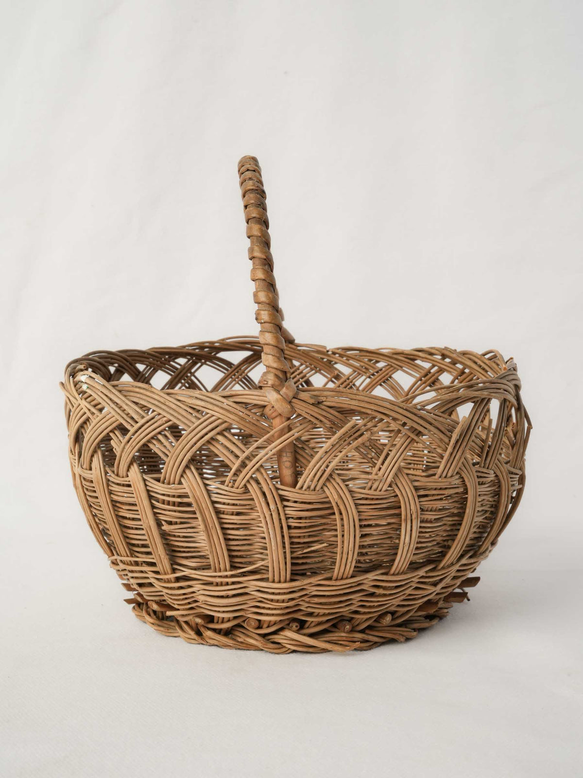 Round Vintage French Wicker Bread Basket w/ Overarching Handle