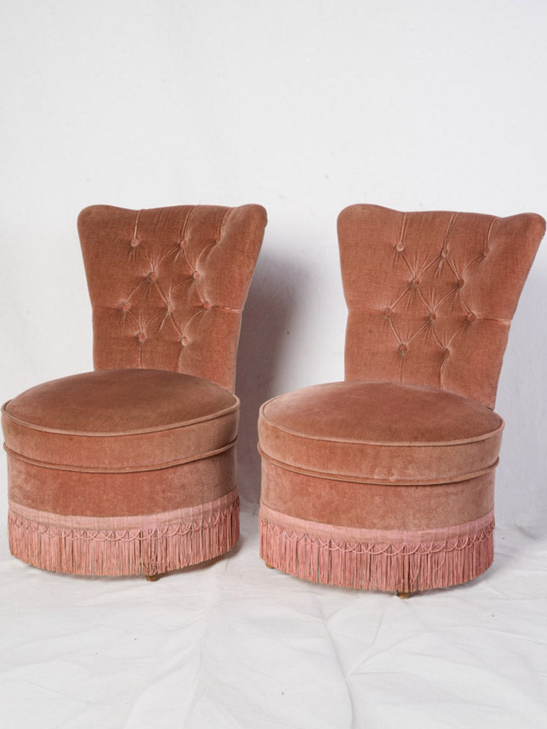Pair of Mid-Century Blush Velvet Slipper Chairs w/ Fringe Trim - 29½"