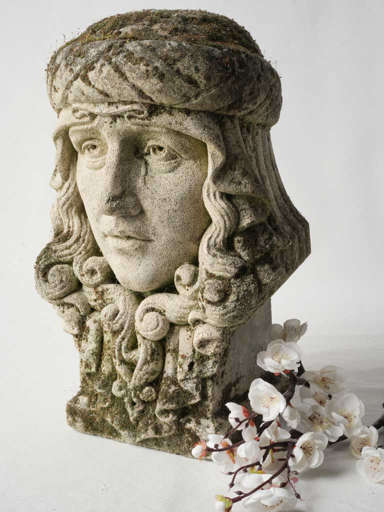 Late 19th Symbolist Stone Head Sculpture w/ Moss Patina - 15"