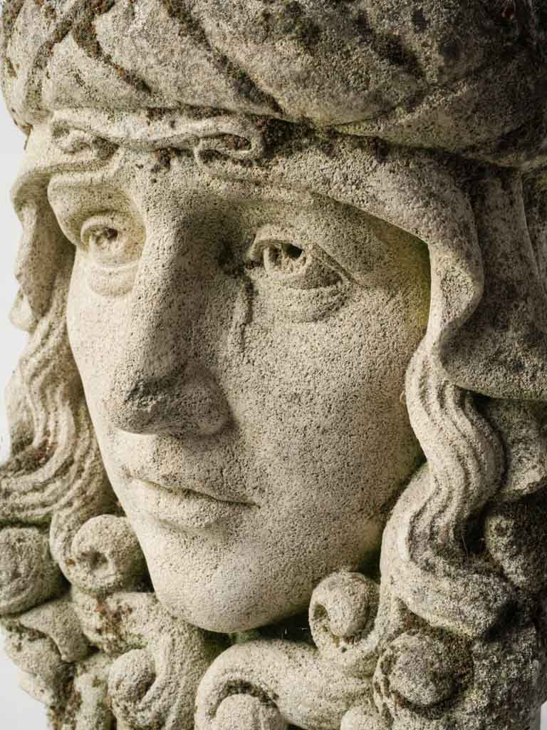 Late 19th Symbolist Stone Head Sculpture w/ Moss Patina - 15"