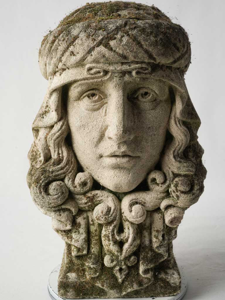 Late 19th Symbolist Stone Head Sculpture w/ Moss Patina - 15"