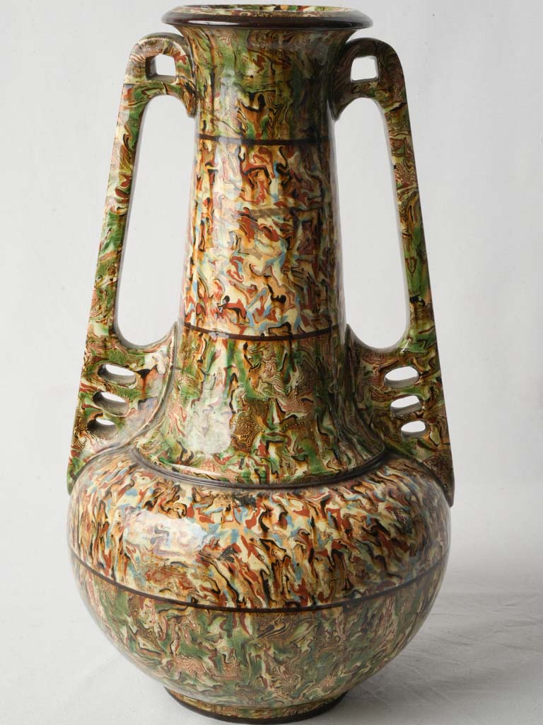Antique twin-handled marbled ceramic vessel