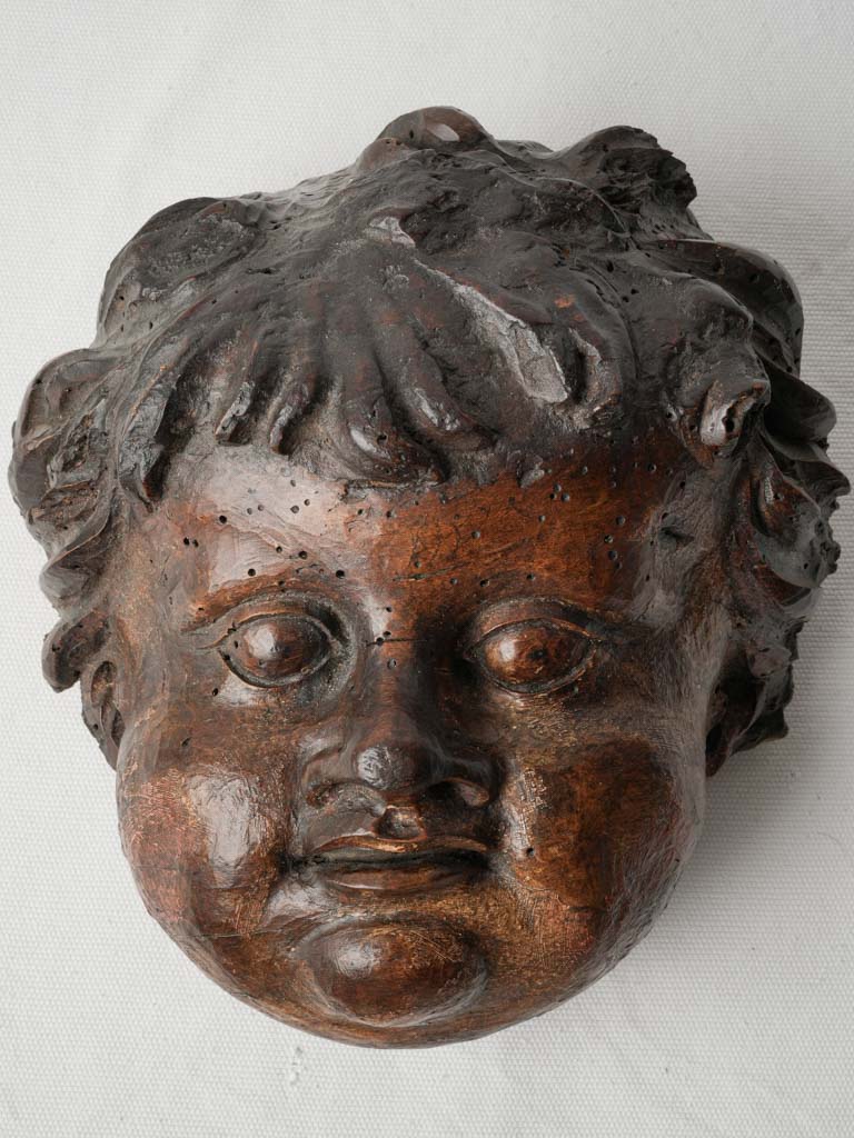 18th-Century French Carved Walnut Cherub Head - 5½"