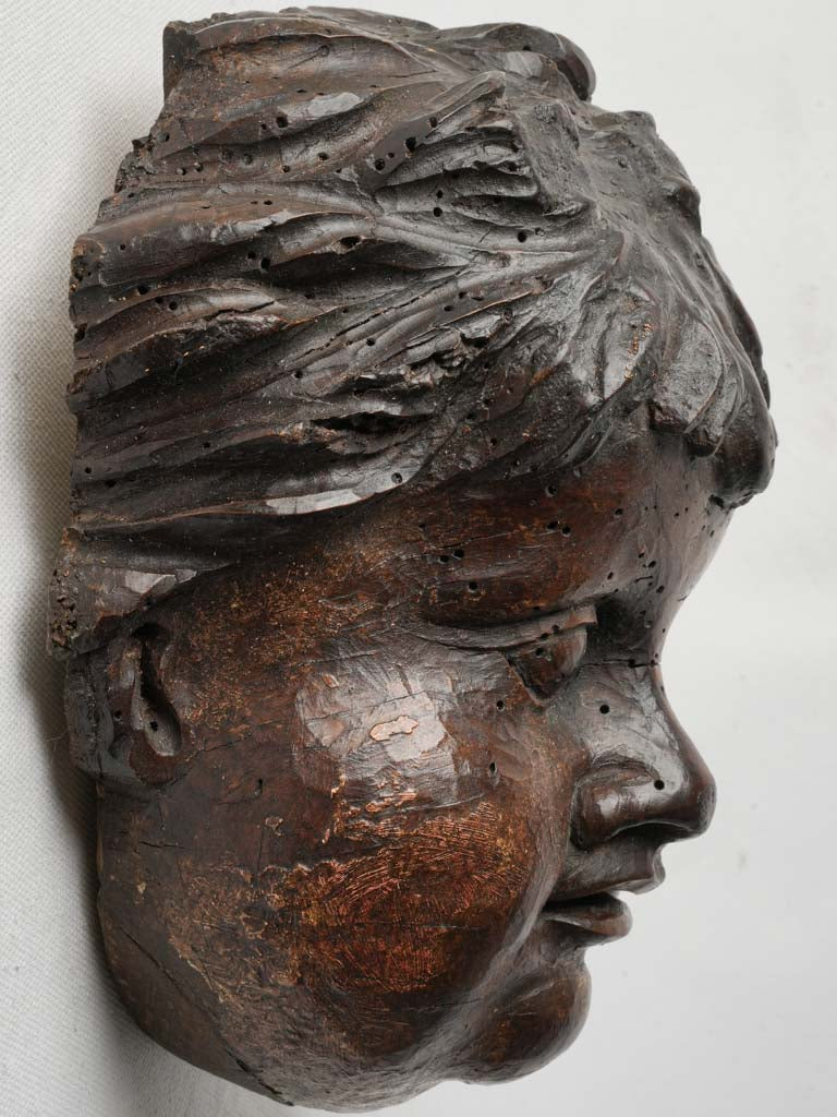 18th-Century French Carved Walnut Cherub Head - 5½"