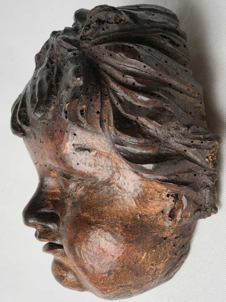 18th-Century French Carved Walnut Cherub Head - 5½"