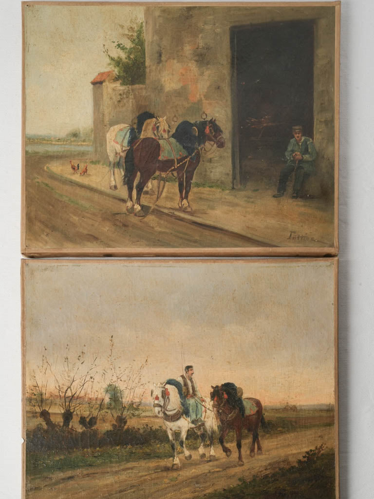 Pair of Late 19th-Century French Oils on Canvas of Working Horses - 13" x 16¼"