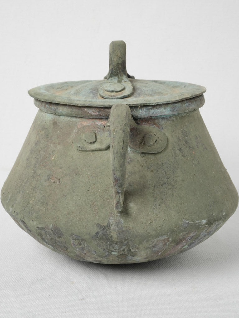 Verdigris patina lidded cauldron