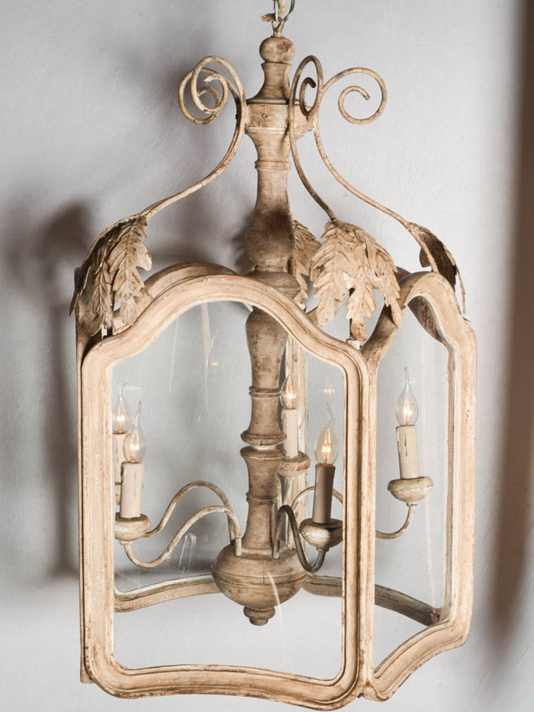 Large Lantern-Form Chandelier in Wood & Wrought Iron w/ Pale Chalk-Washed Patina - 36½" x 22½"