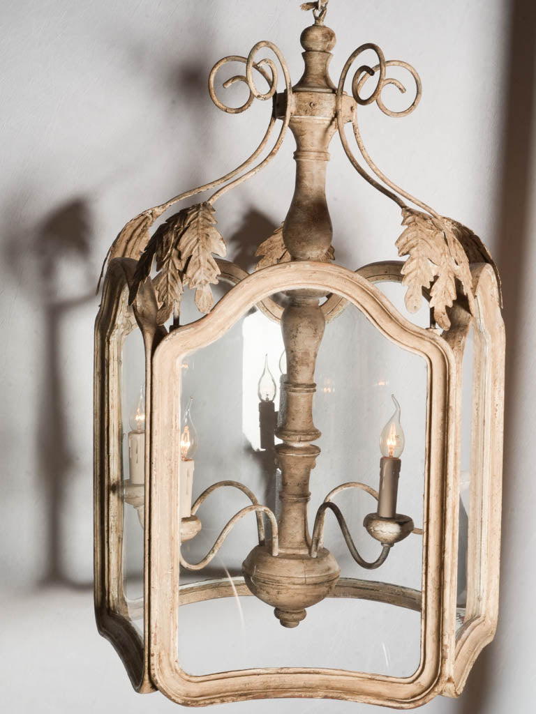 Large Lantern-Form Chandelier in Wood & Wrought Iron w/ Pale Chalk-Washed Patina - 36½" x 22½"