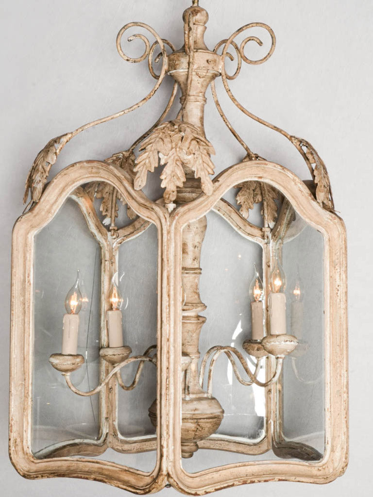 Large Lantern-Form Chandelier in Wood & Wrought Iron w/ Pale Chalk-Washed Patina - 36½" x 22½"