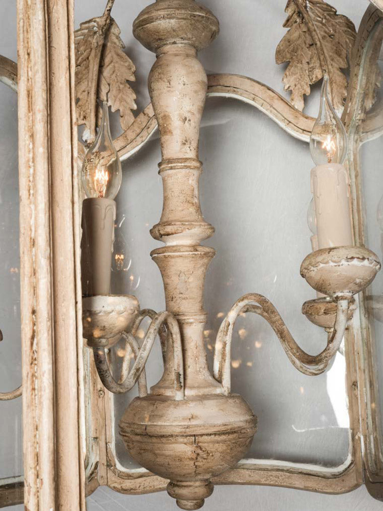 Large Lantern-Form Chandelier in Wood & Wrought Iron w/ Pale Chalk-Washed Patina - 36½" x 22½"