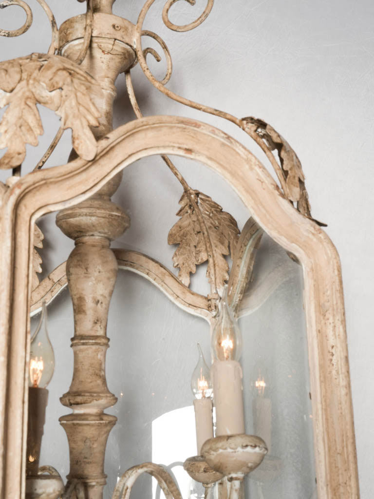 Large Lantern-Form Chandelier in Wood & Wrought Iron w/ Pale Chalk-Washed Patina - 36½" x 22½"