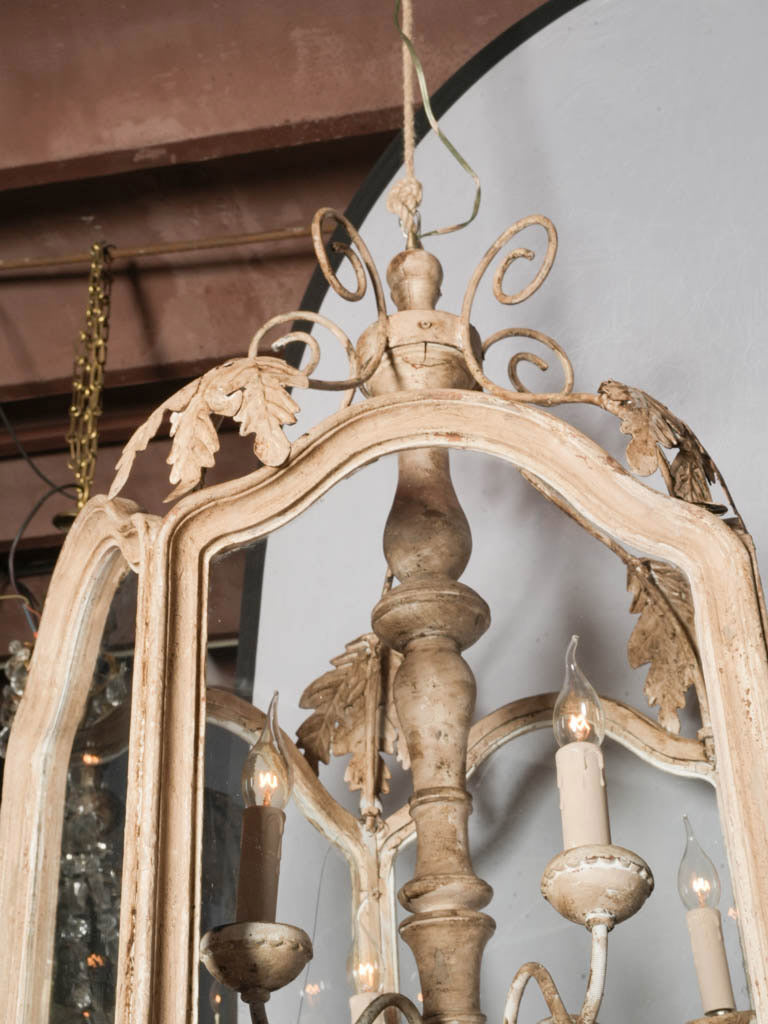 Large Lantern-Form Chandelier in Wood & Wrought Iron w/ Pale Chalk-Washed Patina - 36½" x 22½"