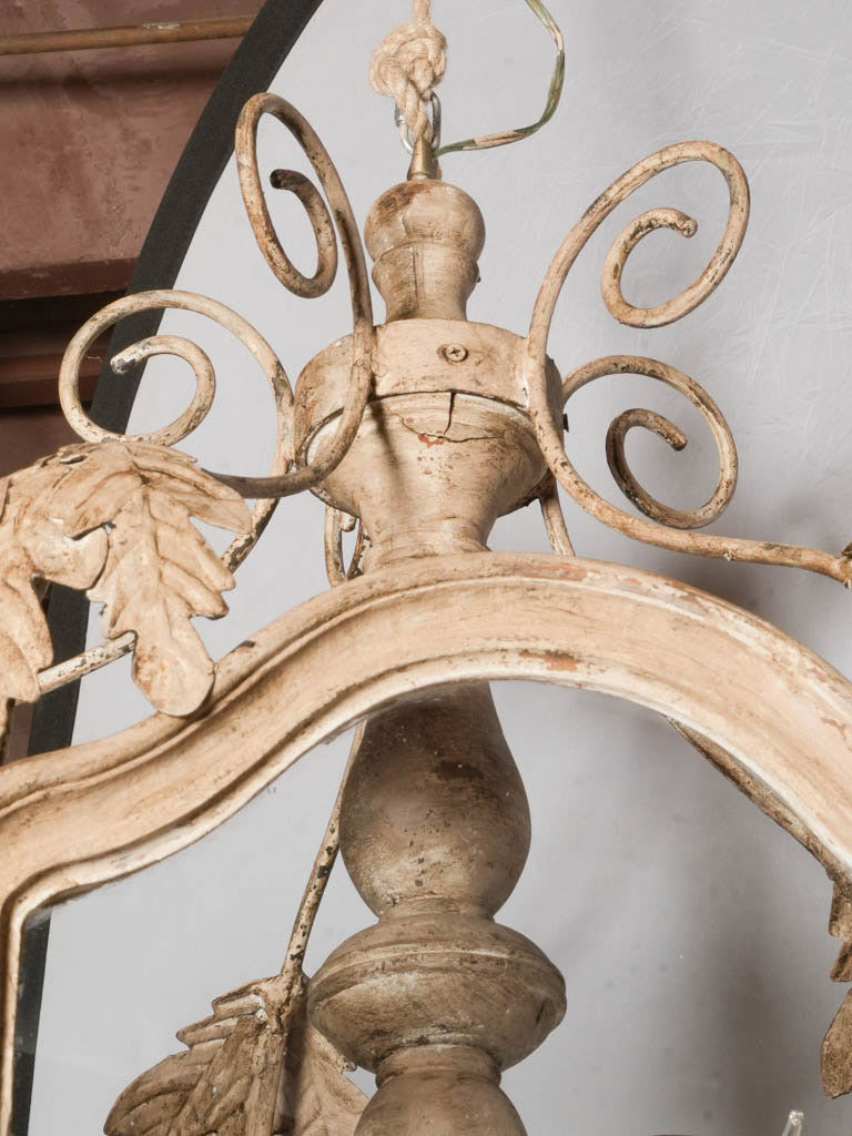 Large Lantern-Form Chandelier in Wood & Wrought Iron w/ Pale Chalk-Washed Patina - 36½" x 22½"