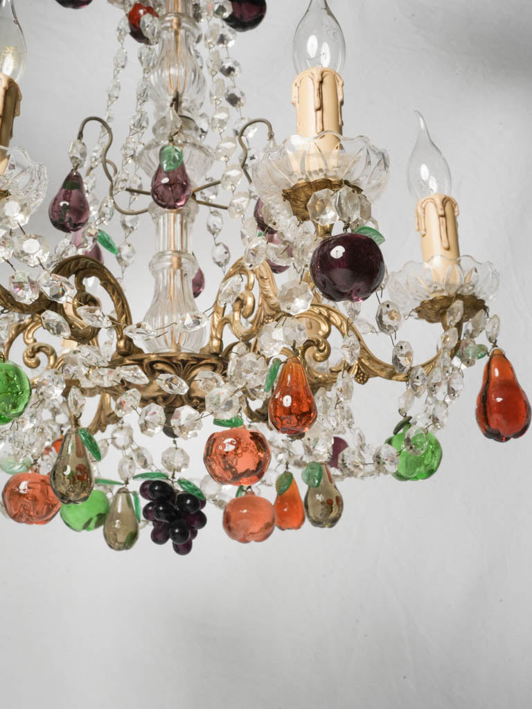 Petite 1970s Murano Six-Light Chandelier w/ Polychrome Crystal Fruit Pendants - 23¾"