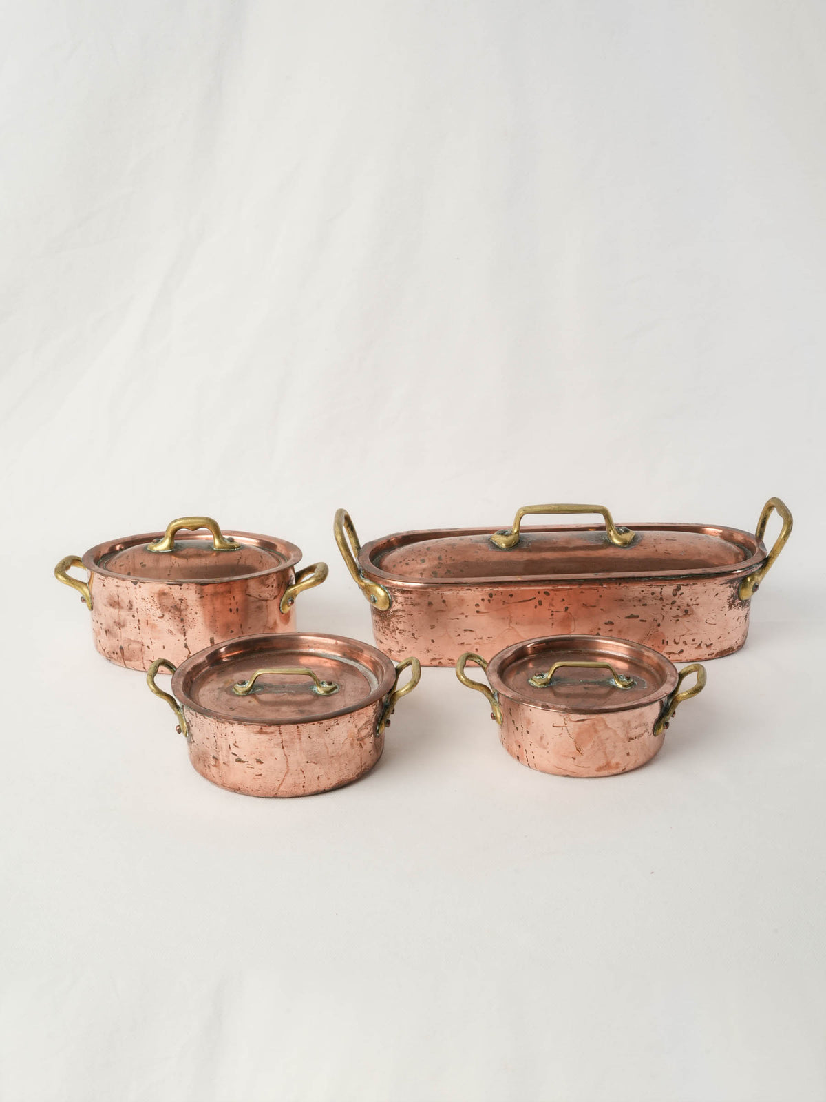 Set of four Copper Lidded Casseroles with Fish Kettle