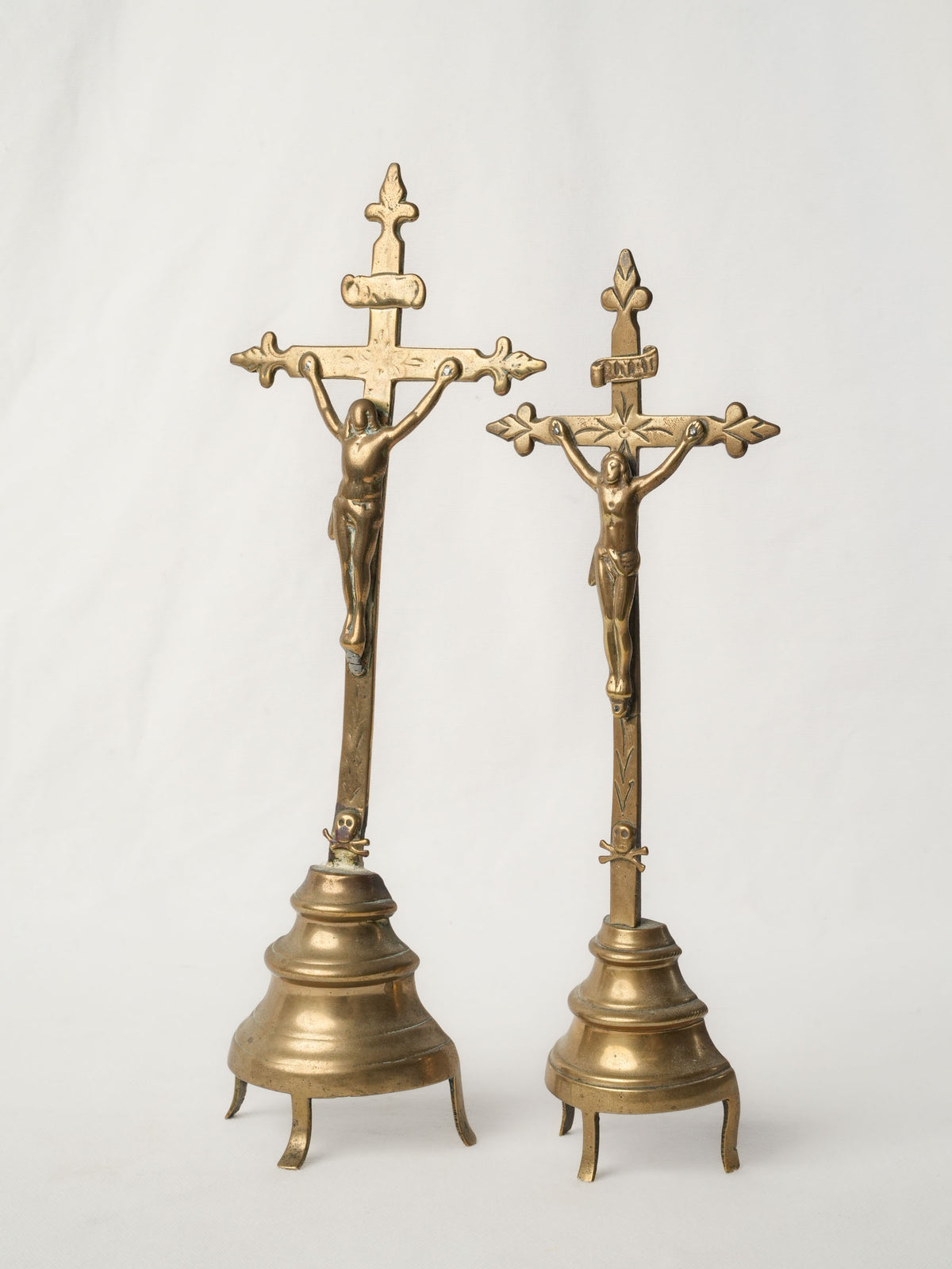 Pair of 18th-Century French Brass Standing Crucifixes 13½"