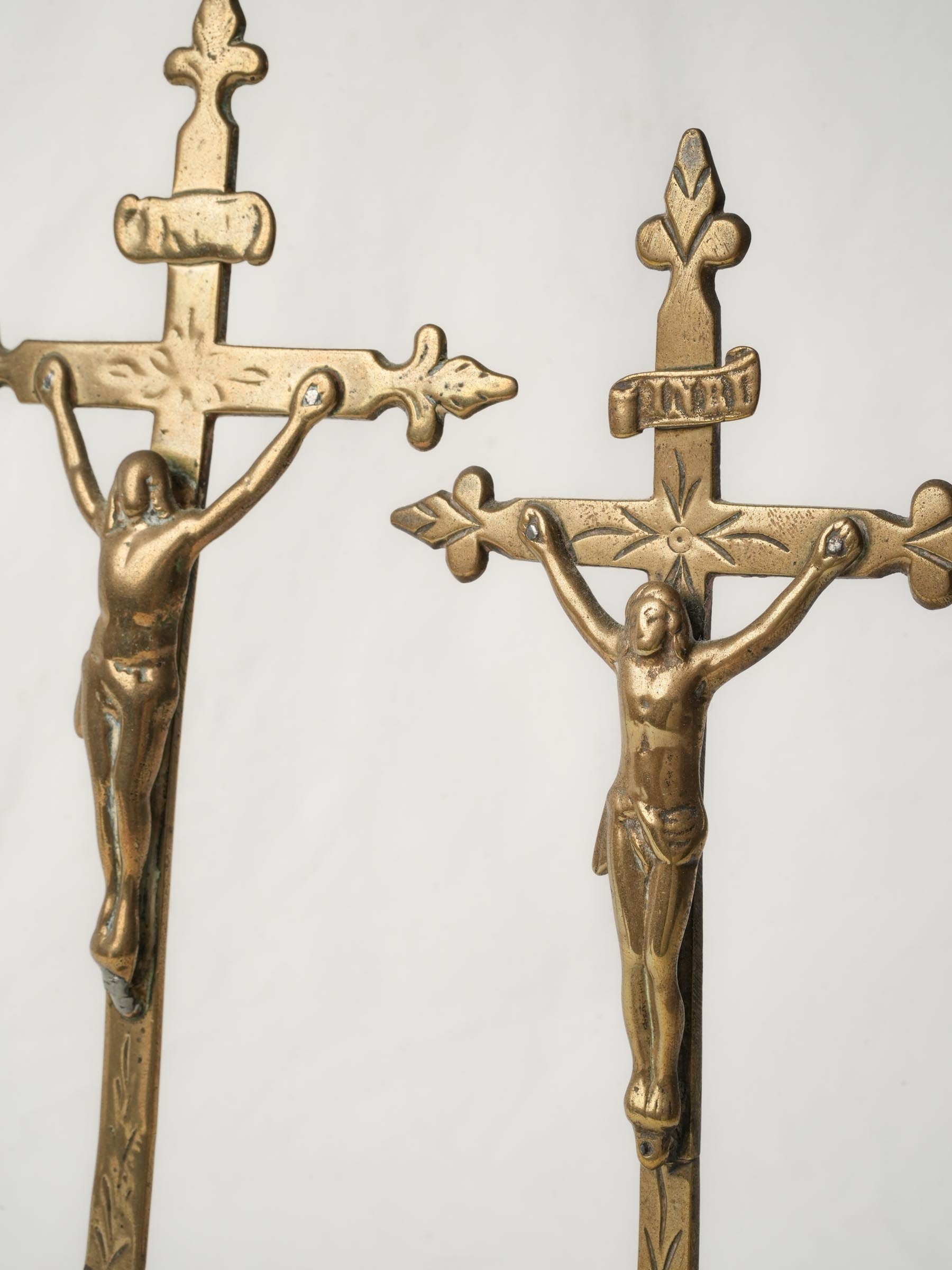 Pair of 18th-Century French Brass Standing Crucifixes 13½"