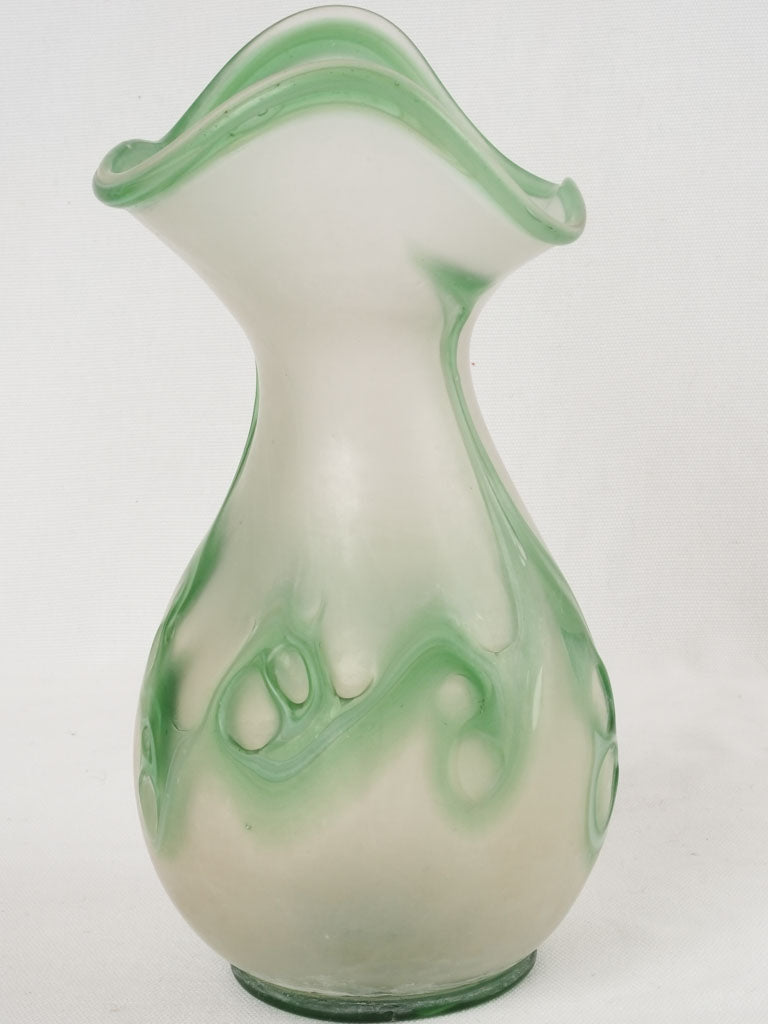 Vintage blown glass vase - opaque w/ green swirls 11½"