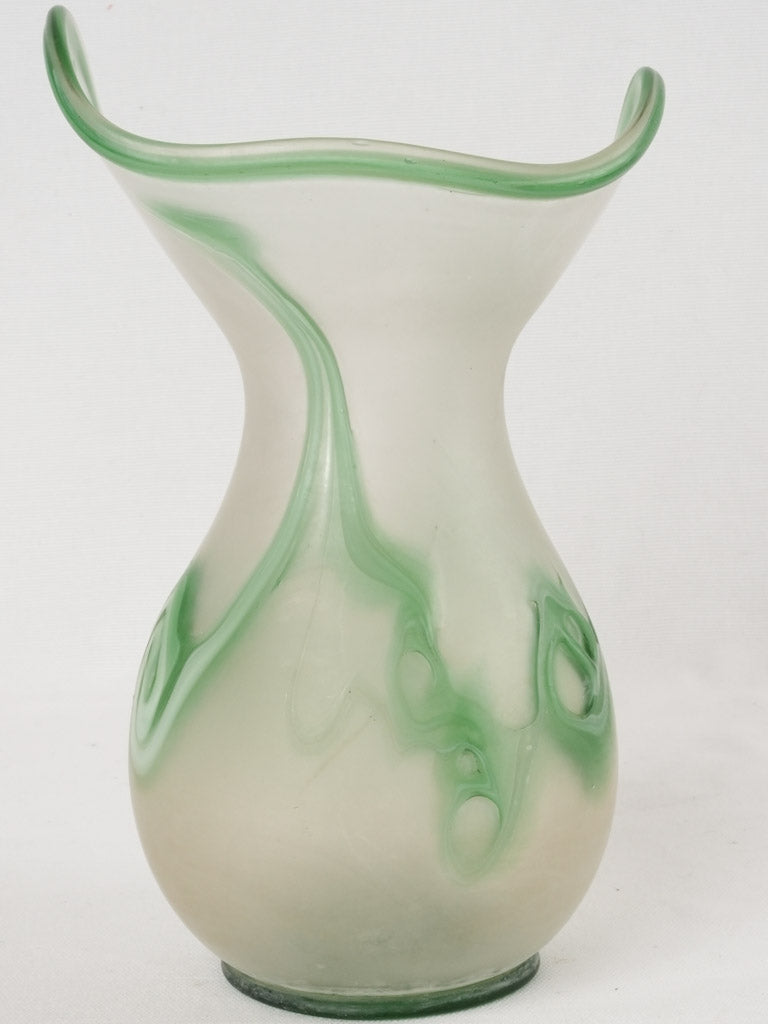Vintage blown glass vase - opaque w/ green swirls 11½"