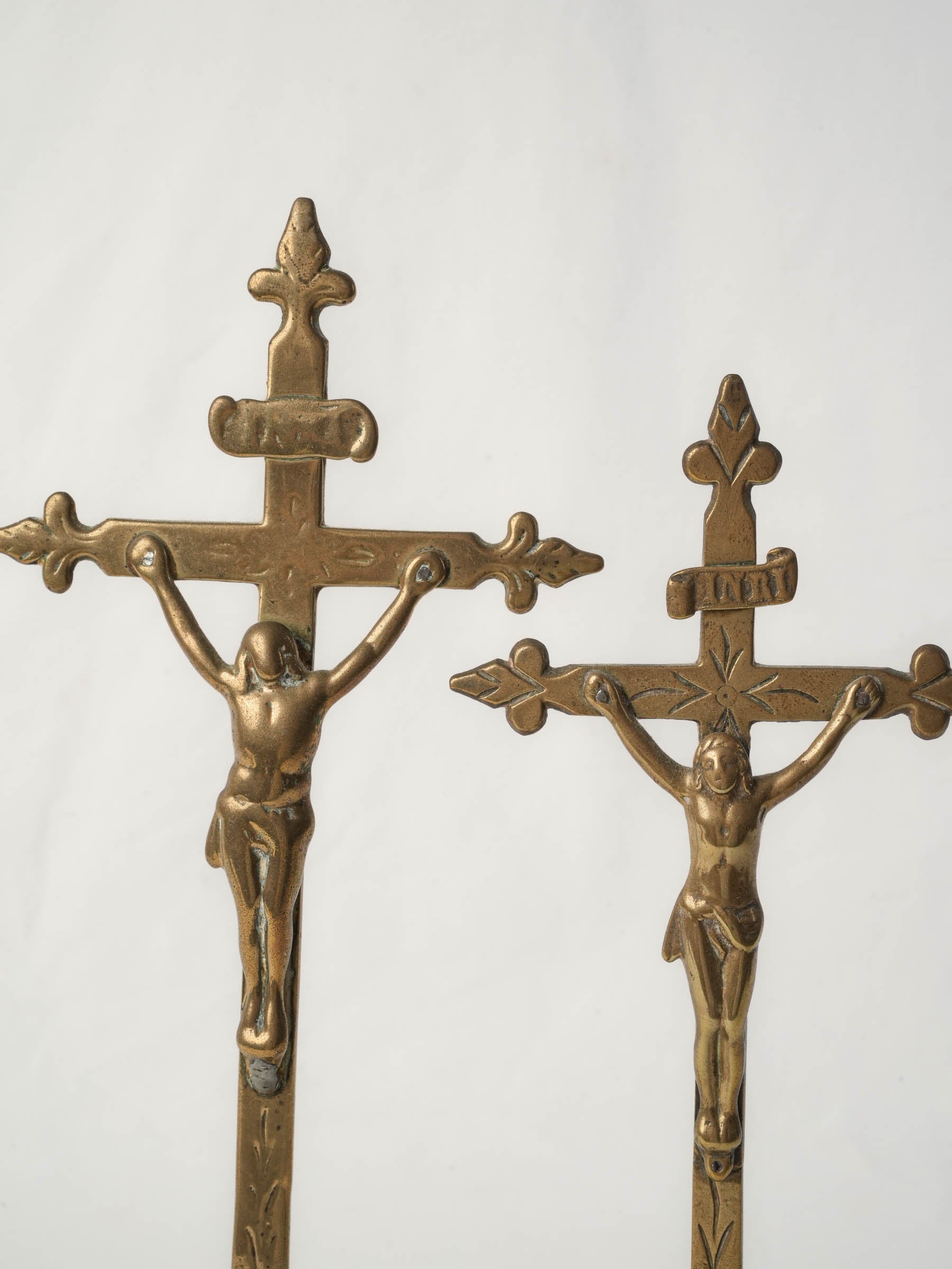 Pair of 18th-Century French Brass Standing Crucifixes 13½"